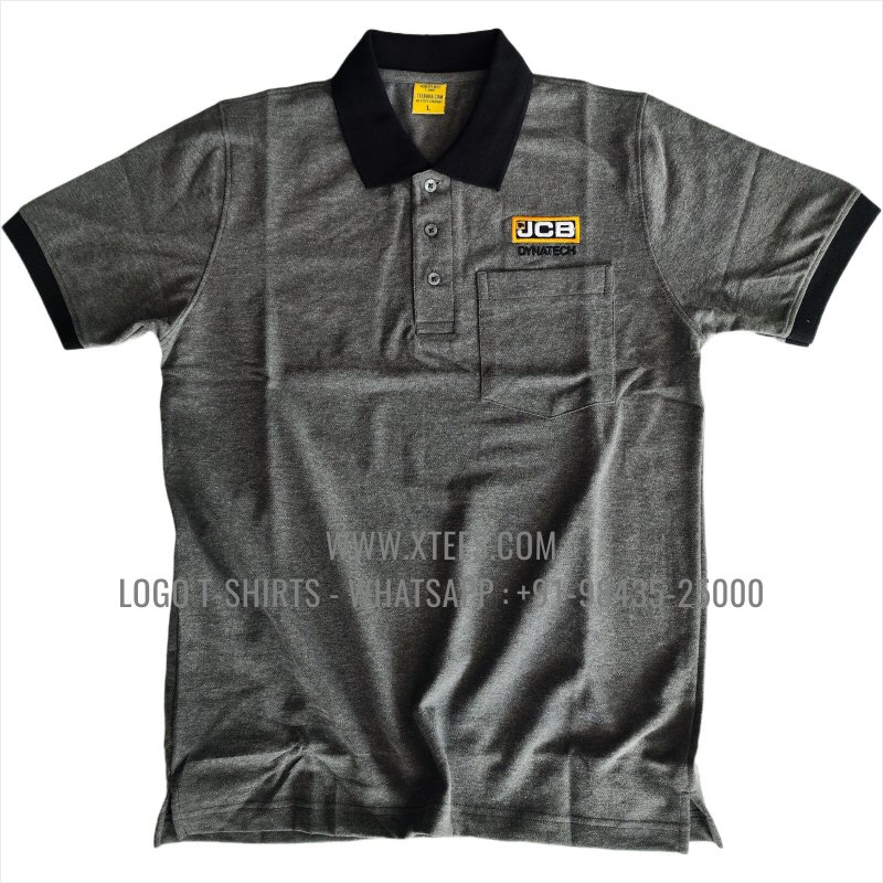 Uniform T-Shirt | Two Color Collar Polo T-Shirt with Pocket | 100% Cotton | 240 GSM Thick Pique Airtex Fabric | Charcoal Melange | Black | Logo Embroidery