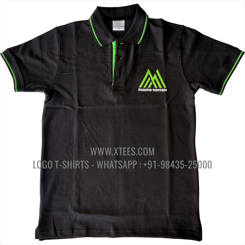 Uniform T-Shirt | Tipping Collar Cuff Collar Polo T-Shirt | 100% Cotton | 240 GSM Thick Pique Airtex Fabric | Black | Parrot Green | Logo Embroidery