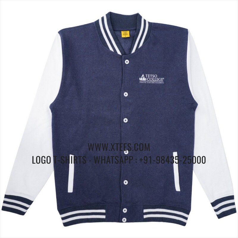 College Uniform Jacket | Varsity Jacket | 100% Cotton | 300 GSM Fleece Fabric | Navy Melange | White | Logo Embroidery