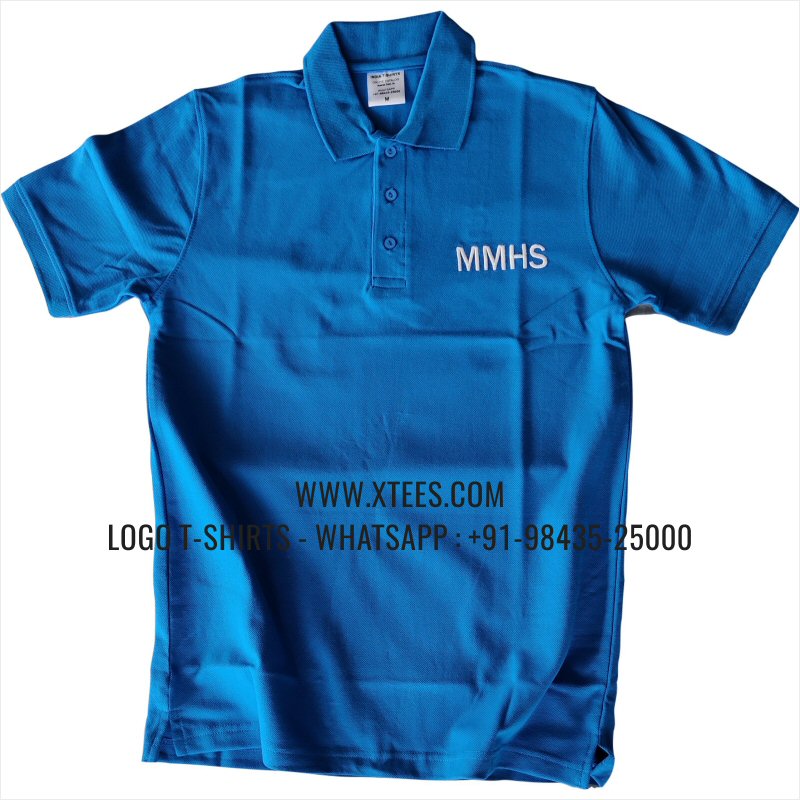 Uniform T-Shirt | Solid Color Collar Polo T-Shirt | 100% Cotton | 240 GSM Thick Pique Airtex Fabric | India Blue | Logo Embroidery