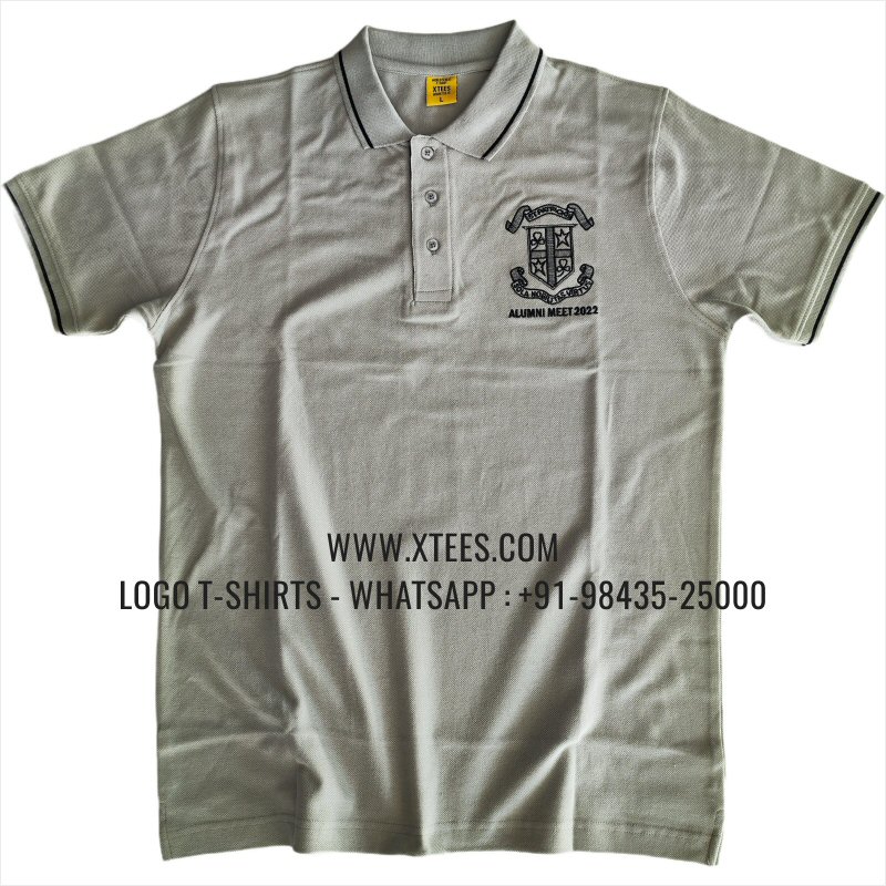 Alumni Reunion T-Shirt | Tipping Collar Polo T-Shirt | 100% Cotton | 240 GSM Thick Pique Airtex Fabric | Light Grey | Logo Embroidery