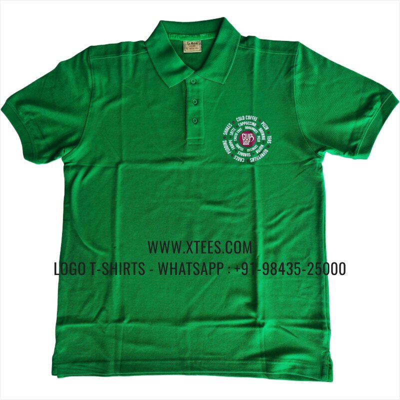 Cafe Coffee Shop Uniform T-Shirt | Solid Color Collar Polo T-Shirt | 100% Cotton | 240 GSM Thick Pique Airtex Fabric | Flag Green | Logo Hi Res Digital Print