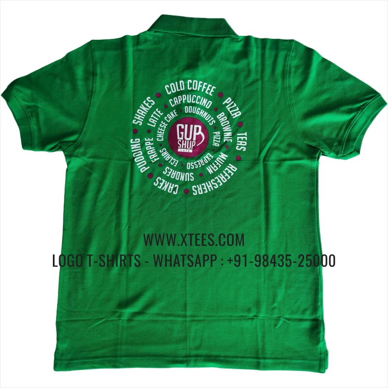 Cafe Coffee Shop Uniform T-Shirt | Solid Color Collar Polo T-Shirt | 100% Cotton | 240 GSM Thick Pique Airtex Fabric | Flag Green | Logo Hi Res Digital Print