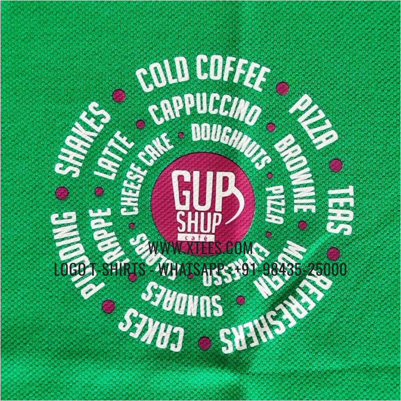 Cafe Coffee Shop Uniform T-Shirt | Solid Color Collar Polo T-Shirt | 100% Cotton | 240 GSM Thick Pique Airtex Fabric | Flag Green | Logo Hi Res Digital Print