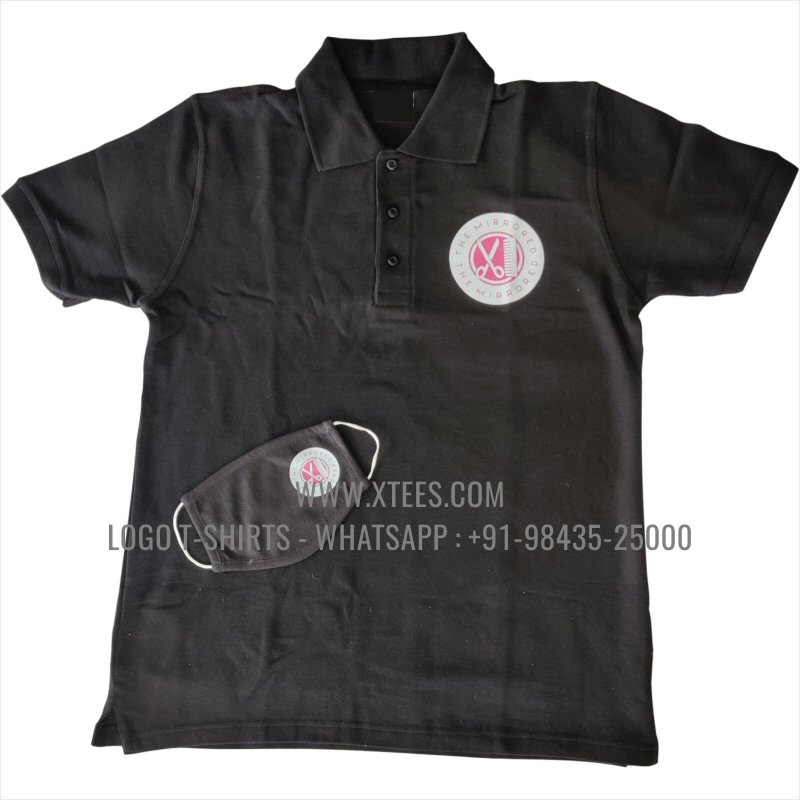 Saloon Uniform T-Shirt | Solid Color Collar Polo T-Shirt | 100% Cotton | 240 GSM Thick Pique Airtex Fabric | Black | Logo Hi Res Digital Print