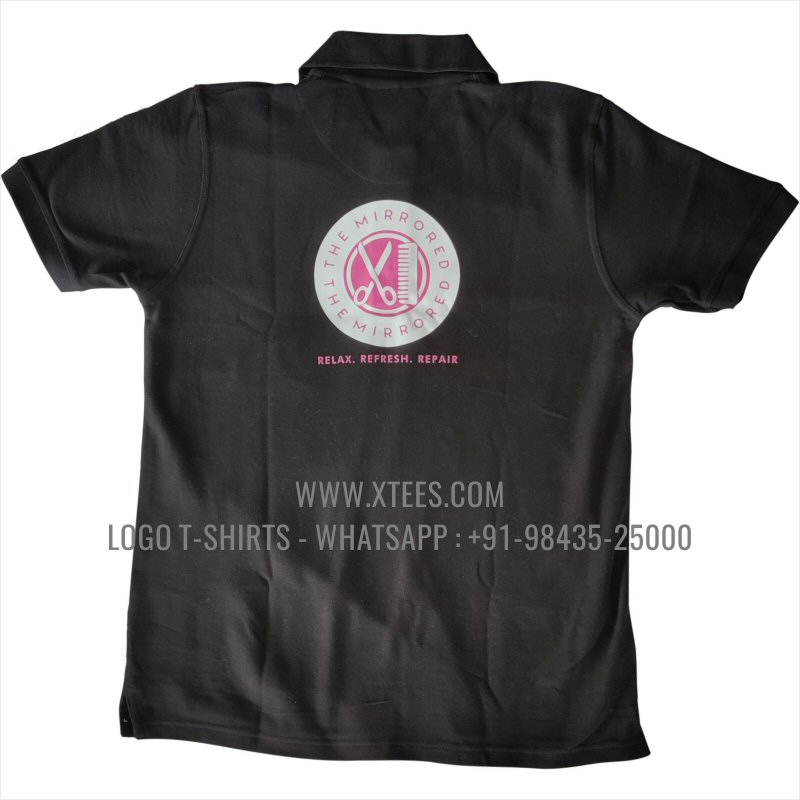 Saloon Uniform T-Shirt | Solid Color Collar Polo T-Shirt | 100% Cotton | 240 GSM Thick Pique Airtex Fabric | Black | Logo Hi Res Digital Print