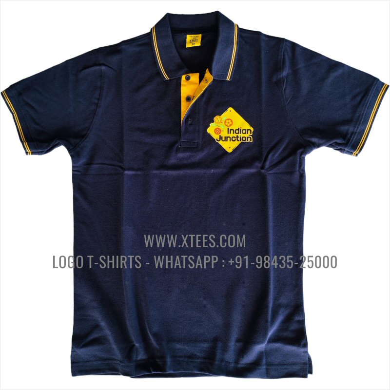 Restaurant Uniform T-Shirt | Tipping Collar Cuff Collar Polo T-Shirt | 100% Cotton | 240 GSM Thick Pique Airtex Fabric | Navy | Logo Hi Res Digital Print
