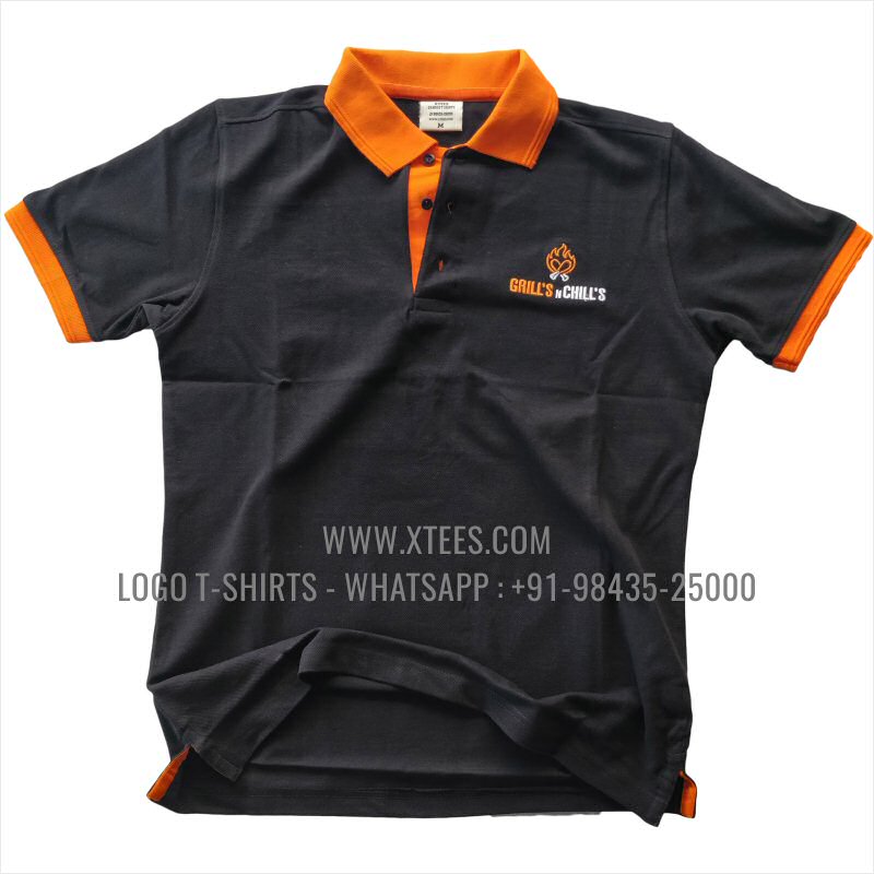 Restaurant Uniform T-Shirt | Two Color Collar Polo T-Shirt | 100% Cotton | 240 GSM Thick Pique Airtex Fabric | Black | Logo Hi Res Digital Print