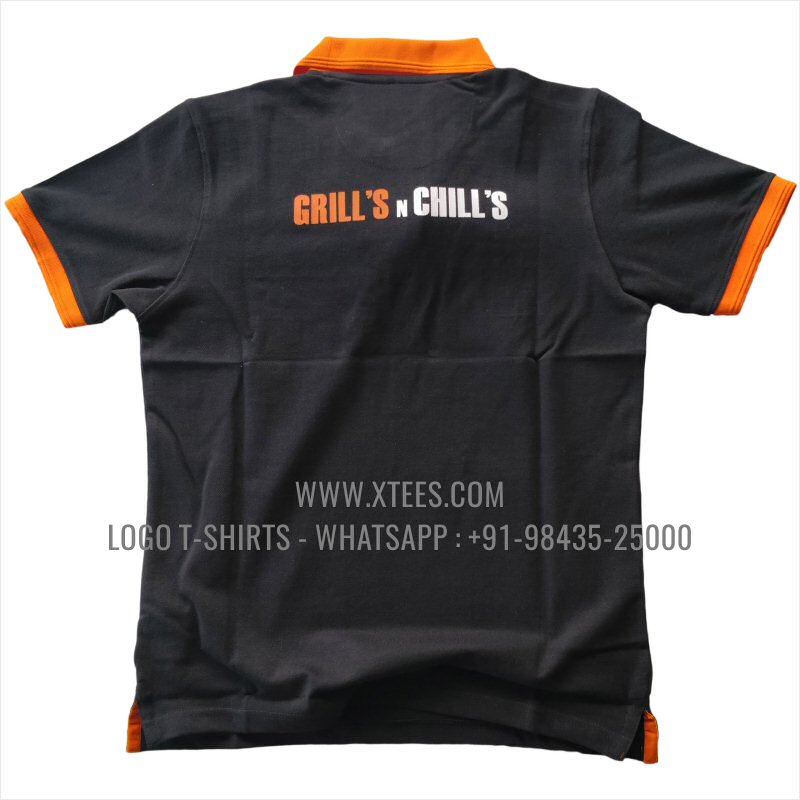 Restaurant Uniform T-Shirt | Two Color Collar Polo T-Shirt | 100% Cotton | 240 GSM Thick Pique Airtex Fabric | Black | Logo Hi Res Digital Print