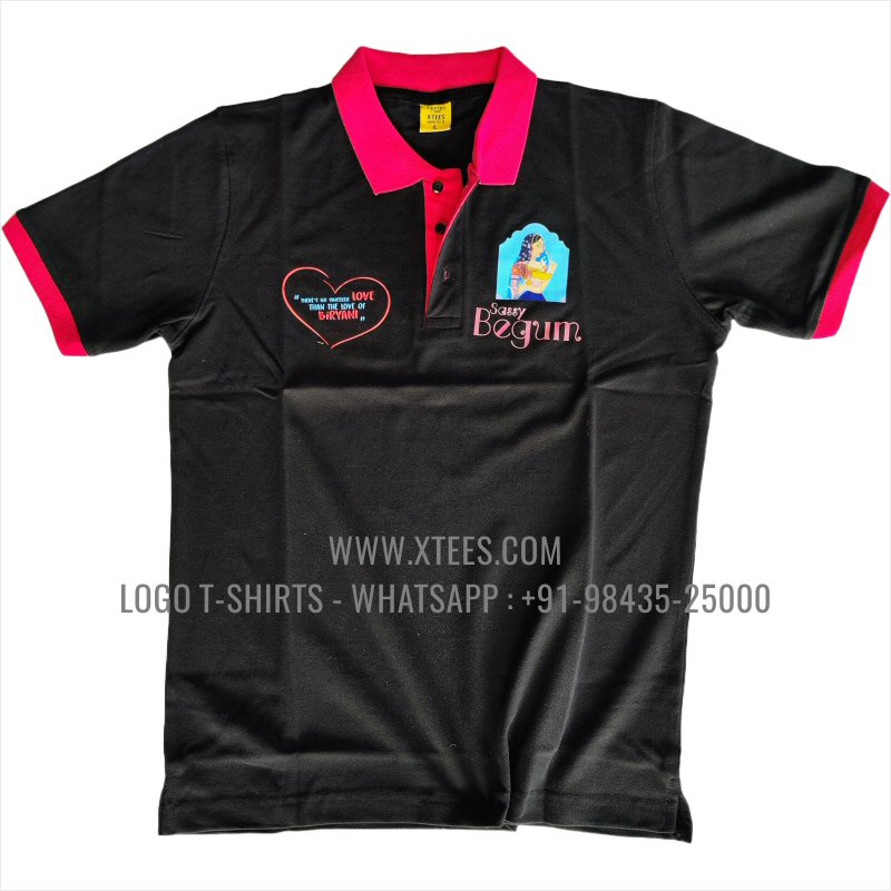 Restaurant Uniform T-Shirt | Two Color Collar Polo T-Shirt | 100% Cotton | 240 GSM Thick Pique Airtex Fabric | Black | Logo Hi Res Digital Print
