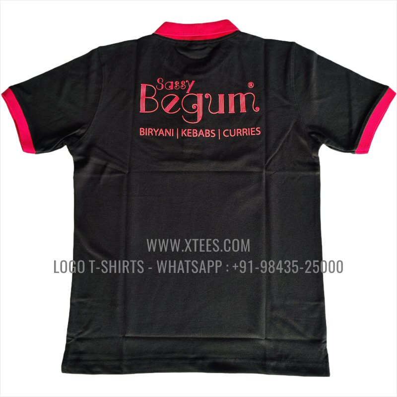 Restaurant Uniform T-Shirt | Two Color Collar Polo T-Shirt | 100% Cotton | 240 GSM Thick Pique Airtex Fabric | Black | Logo Hi Res Digital Print