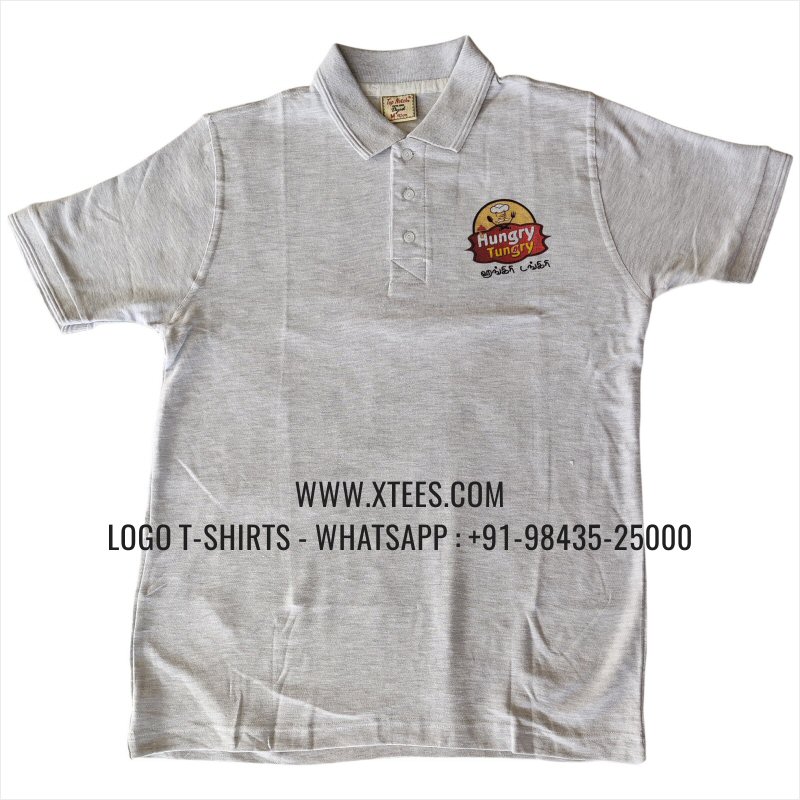 Restaurant Uniform T-Shirt | Solid Color Collar Polo T-Shirt | 100% Cotton | 200 GSM Thick Pique Fabric | White Melange | Logo Hi Res Digital Print