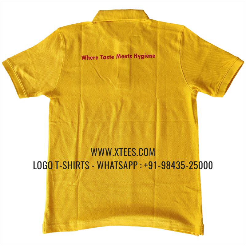 Restaurant Uniform T-Shirt | Solid Color Collar Polo T-Shirt | 100% Cotton | 200 GSM Thick Pique Fabric | Yellow | Logo Hi Res Digital Print