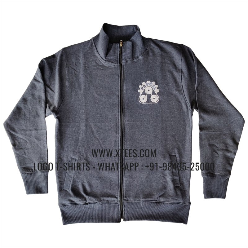 High Neck Full Zipper Sweatshirt | 100% Cotton | 300 GSM Fleece Fabric | Charcoal Melange | Logo Embroidery