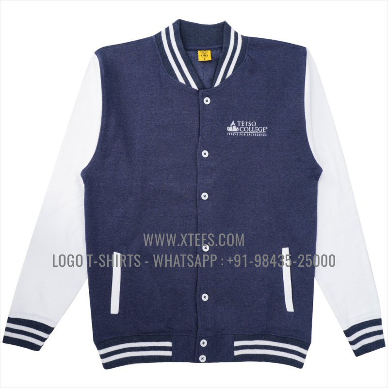 Varsity Jacket | 100% Cotton | 300 GSM Fleece Fabric | Navy Melange | Logo Embroidery