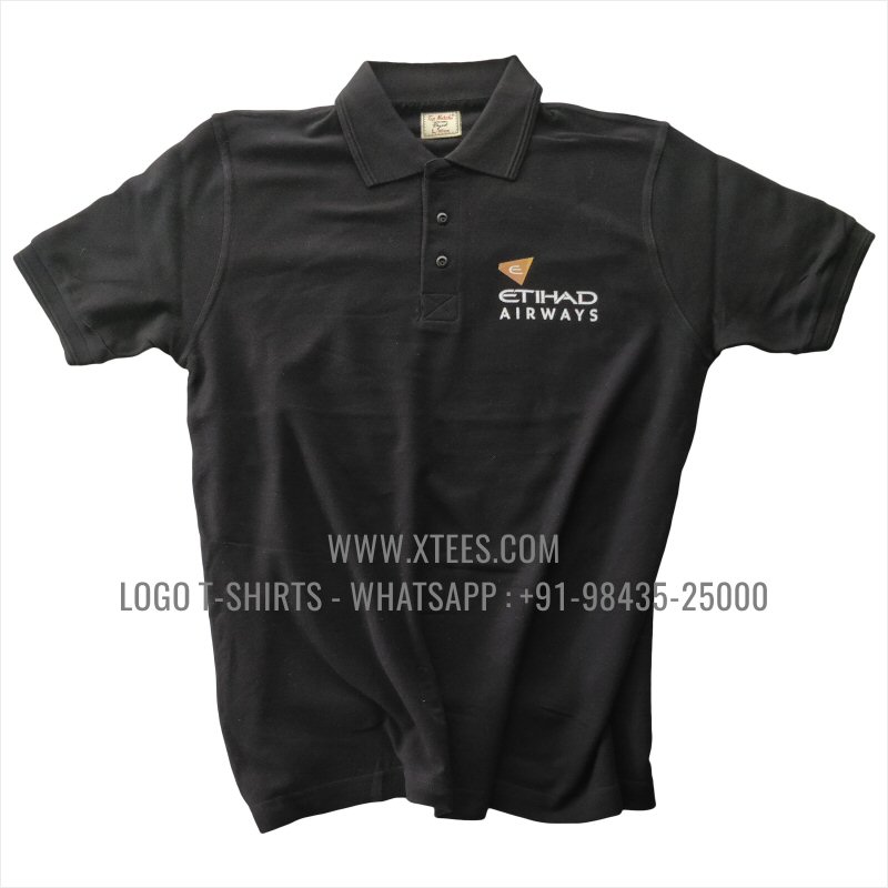 Logo Printed Collar Polo T-Shirt | 100% Cotton | 240 GSM Thick Pique Airtex Fabric | Black | High Res Digital Print