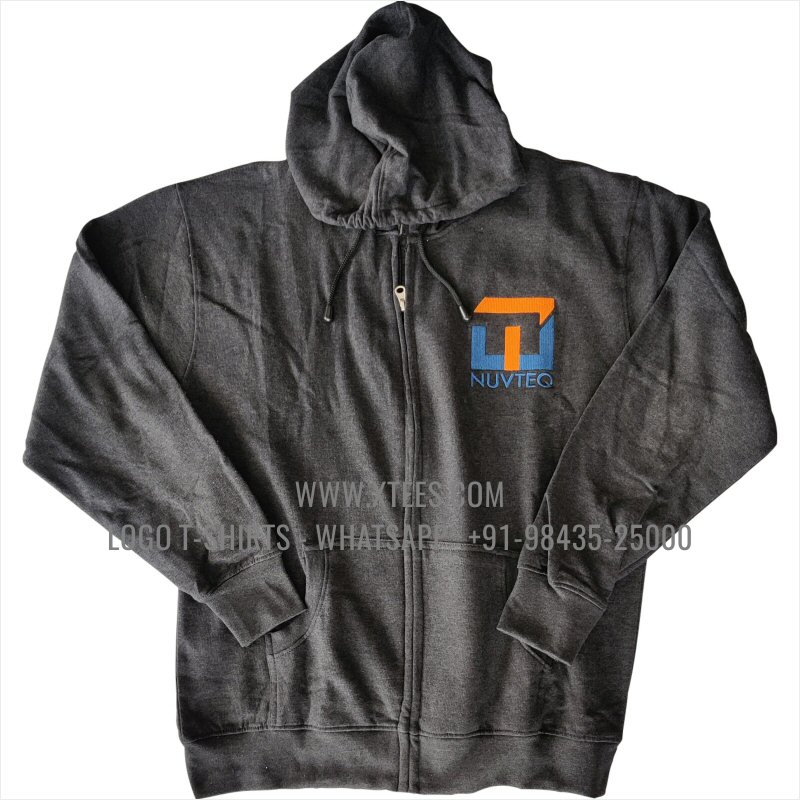 Full Zipper Hoodie | 100% Cotton | 300 GSM Fleece Fabric | Charcoal Melange | Logo Embroidery