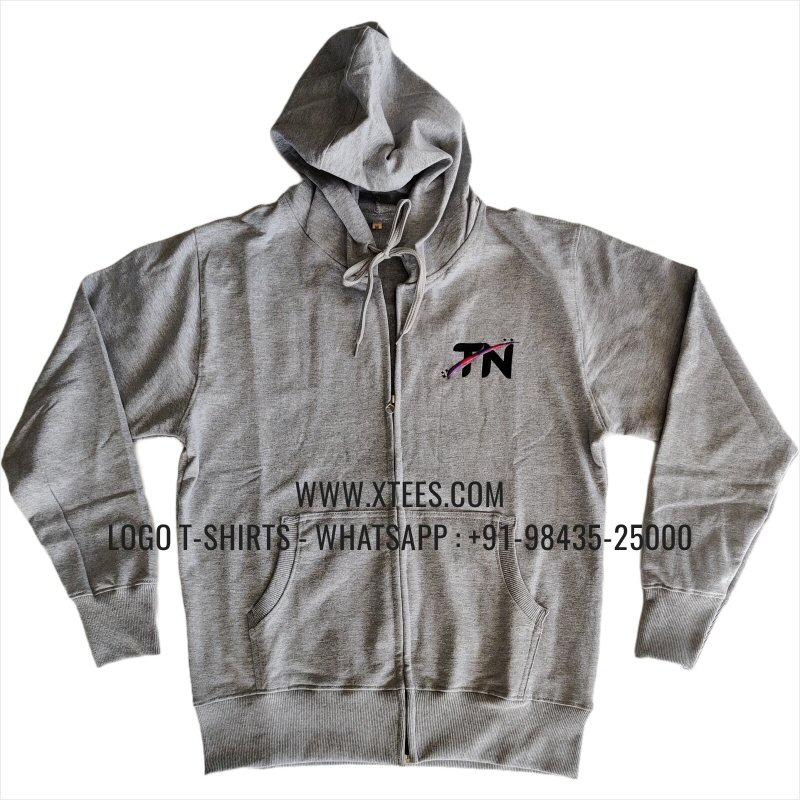Full Zipper Hoodie | 100% Cotton | 300 GSM Fleece Fabric | Grey Melange | Logo Embroidery