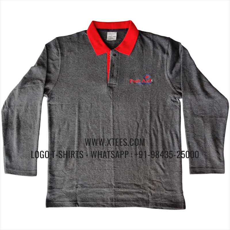 Full Sleeve Collar Polo T-Shirt | 100% Cotton | 240 GSM Thick Pique Airtex Fabric | Charcoal Melange | Logo Embroidery