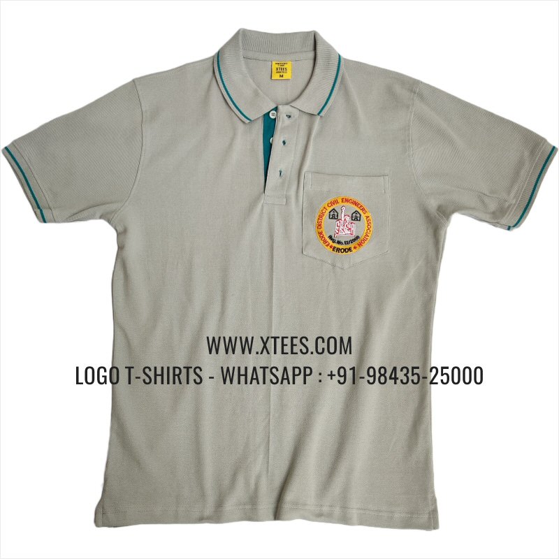 Dual Color Collar Polo T-Shirt With Pocket | 100% Cotton | 240 GSM Thick Pique Airtex Fabric | Light Grey | Logo Hi Res Digital Print