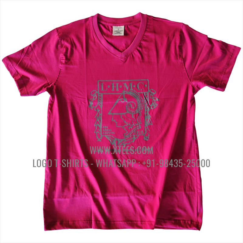 V Neck T-Shirt | 100% Cotton | 180 GSM Fine Fabric | Fuschia | Logo Print