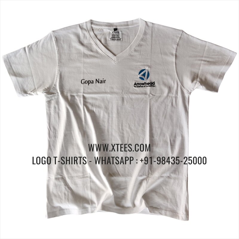 V Neck T-Shirt | 100% Cotton | 180 GSM Fine Fabric | White | Logo Print