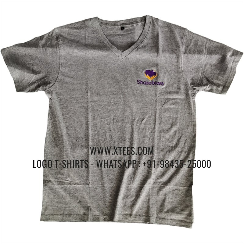 V Neck T-Shirt | 100% Cotton | 180 GSM Fine Fabric | Grey Melange | Logo Embroidery