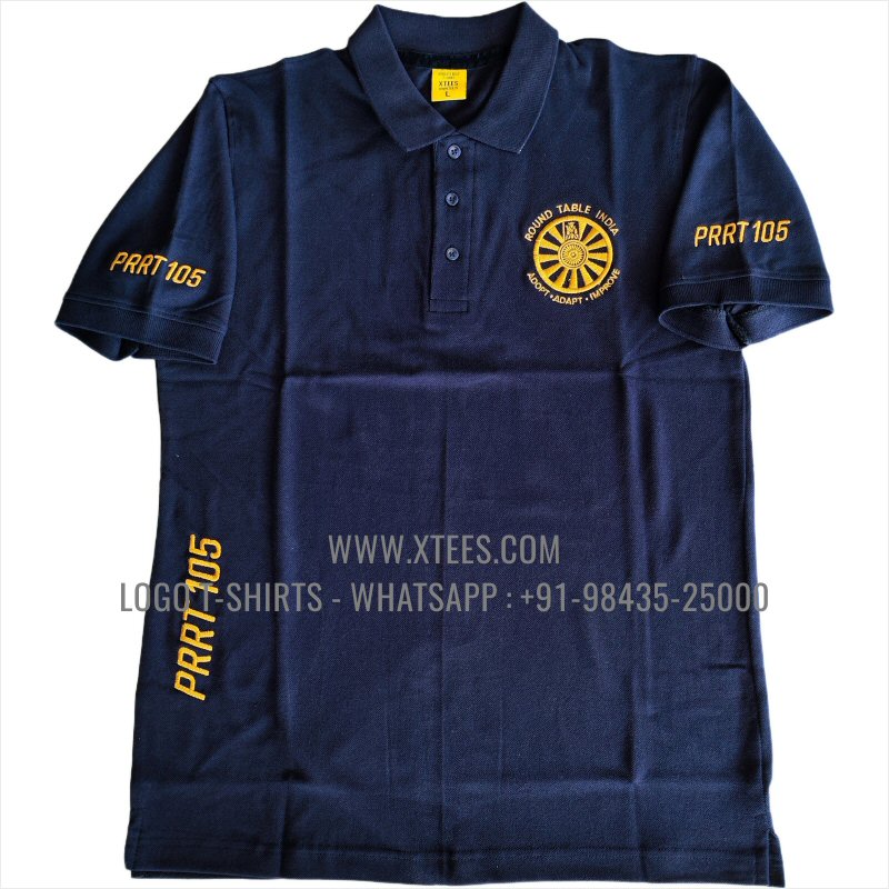 Round Table India T-Shirt | Collar Polo T-Shirt | 100% Cotton | 240 GSM Thick Pique Airtex Fabric | Navy | Logo Embroidery