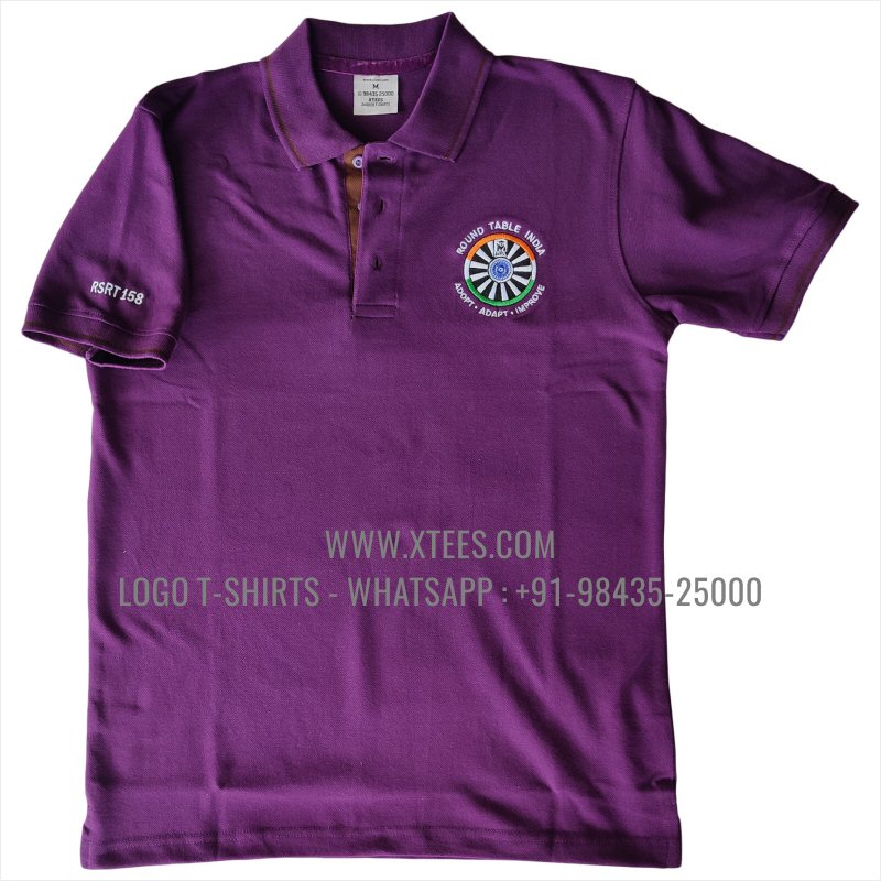 Round Table India T-Shirt | Tipping Collar Polo T-Shirt | 100% Cotton | 240 GSM Thick Pique Airtex Fabric | Purple | Logo Embroidery