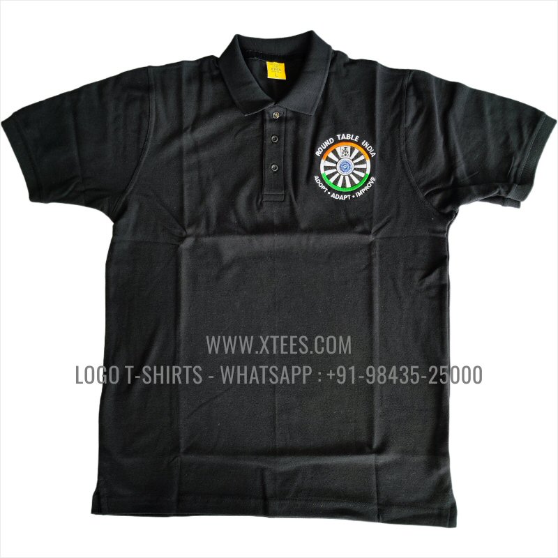Round Table India T-Shirt | Collar Polo T-Shirt | 100% Cotton | 240 GSM Thick Pique Airtex Fabric | Black | Logo Embroidery
