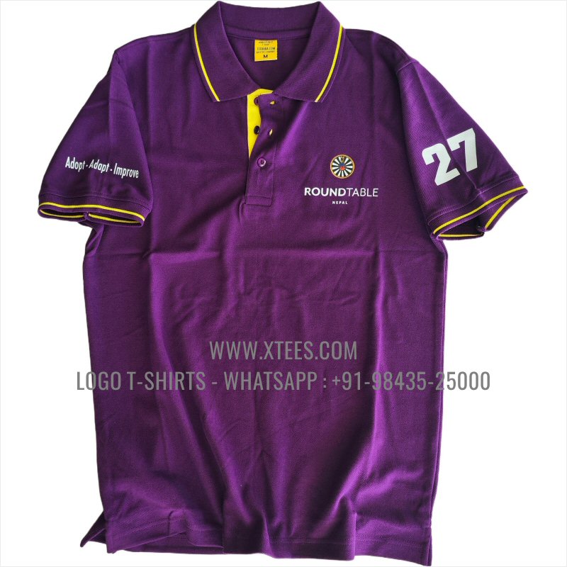 Round Table India T-Shirt | Tipping Collar Polo T-Shirt | 100% Cotton | 240 GSM Thick Pique Airtex Fabric | Purple | Logo Print
