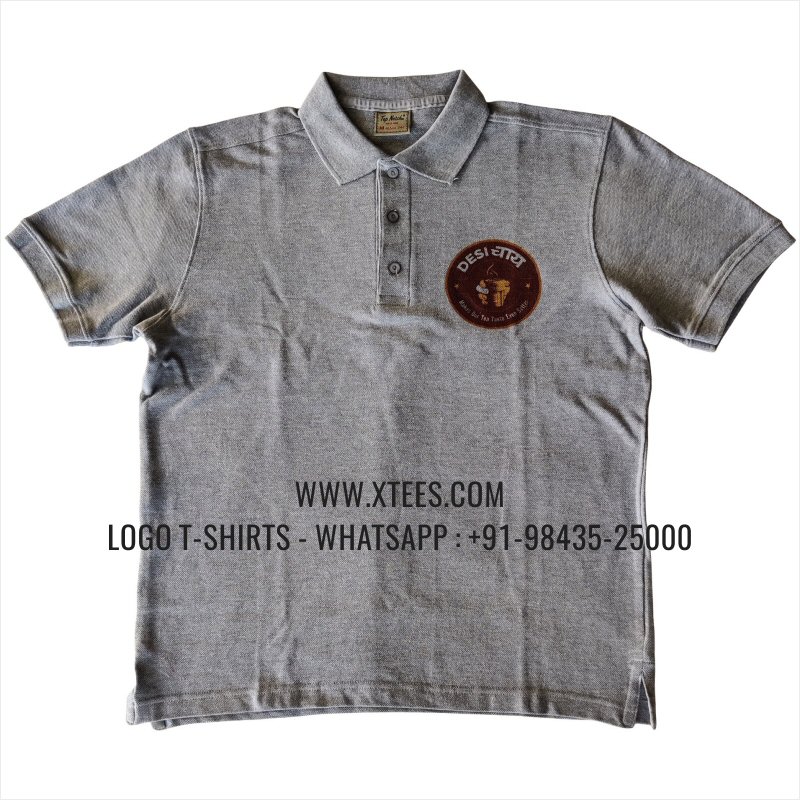 Chai Shop Tea Shop Uniform T-Shirt | Collar Polo T-Shirt | 100% Cotton | 240 GSM Thick Pique Airtex Fabric | Grey Melange | Logo Print