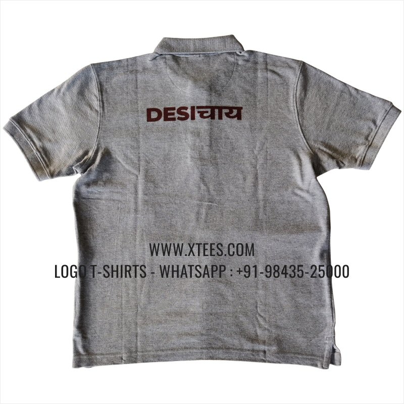 Chai Shop Tea Shop Uniform T-Shirt | Collar Polo T-Shirt | 100% Cotton | 240 GSM Thick Pique Airtex Fabric | Grey Melange | Logo Print