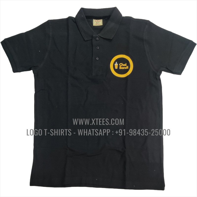 Chai Shop Tea Shop Uniform T-Shirt | Collar Polo T-Shirt | 100% Cotton | 240 GSM Thick Pique Airtex Fabric | Black | Logo Print