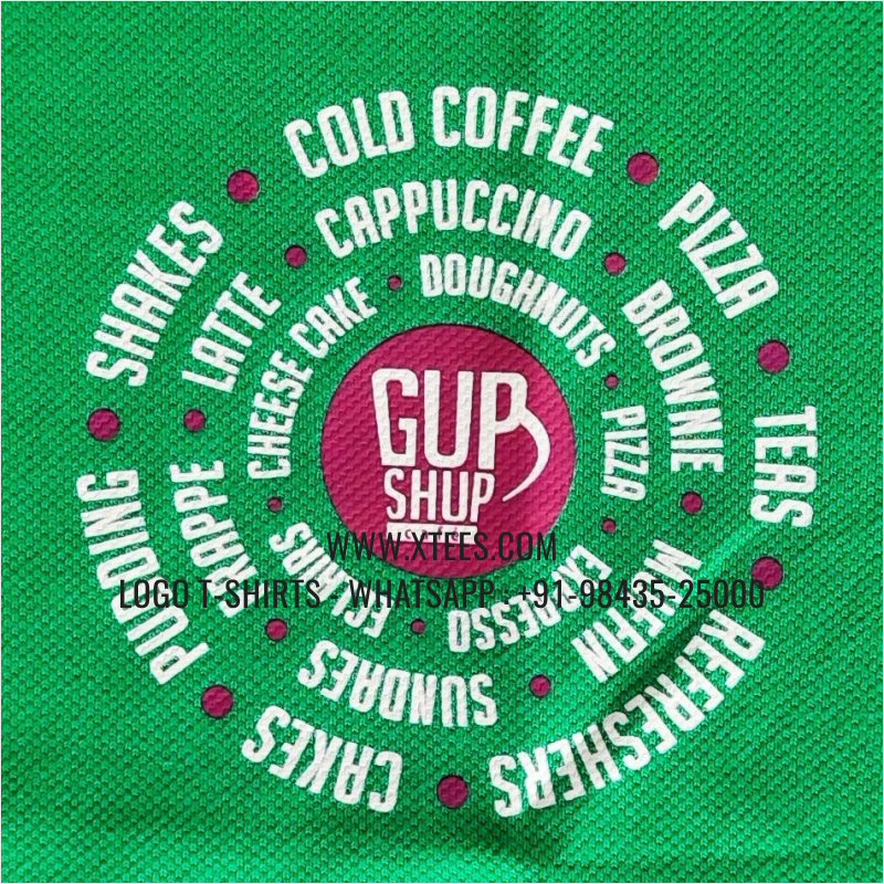 Coffee Shop Cafe Uniform T-Shirt | Collar Polo T-Shirt | 100% Cotton | 240 GSM Thick Pique Airtex Fabric | Flag Green | Logo Print