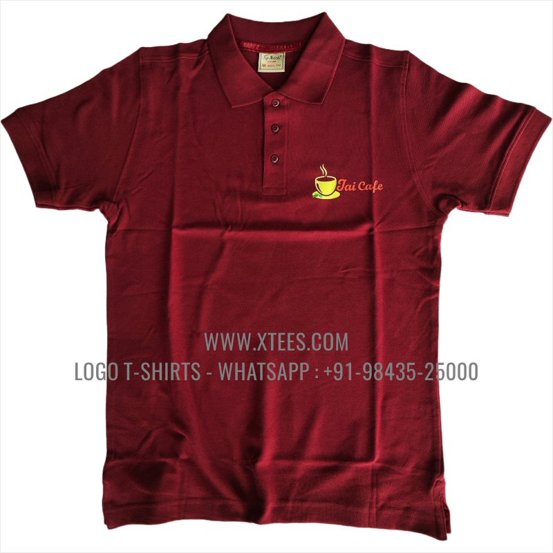 Coffee Shop Cafe Uniform T-Shirt | Collar Polo T-Shirt | 100% Cotton | 200 GSM Thick Pique Fabric | Burgundy | Logo Print