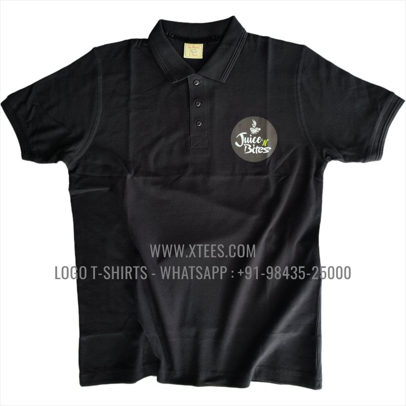 Coffee Shop Cafe Uniform T-Shirt | Collar Polo T-Shirt | 100% Cotton | 200 GSM Thick Pique Fabric | Black | Logo Print