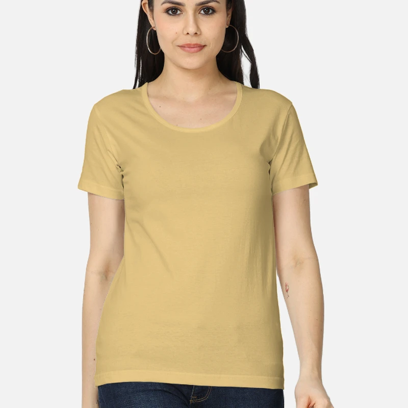 Beige Plain Women Round Neck T-shirt
