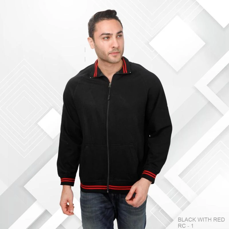 Black And Red Plain Full Zip High Neck Sweatshirt - Unisex