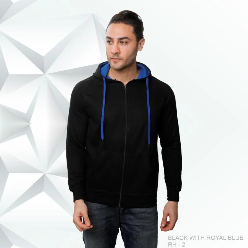 Black And Royal Blue Plain Zip Hoodie - Unisex