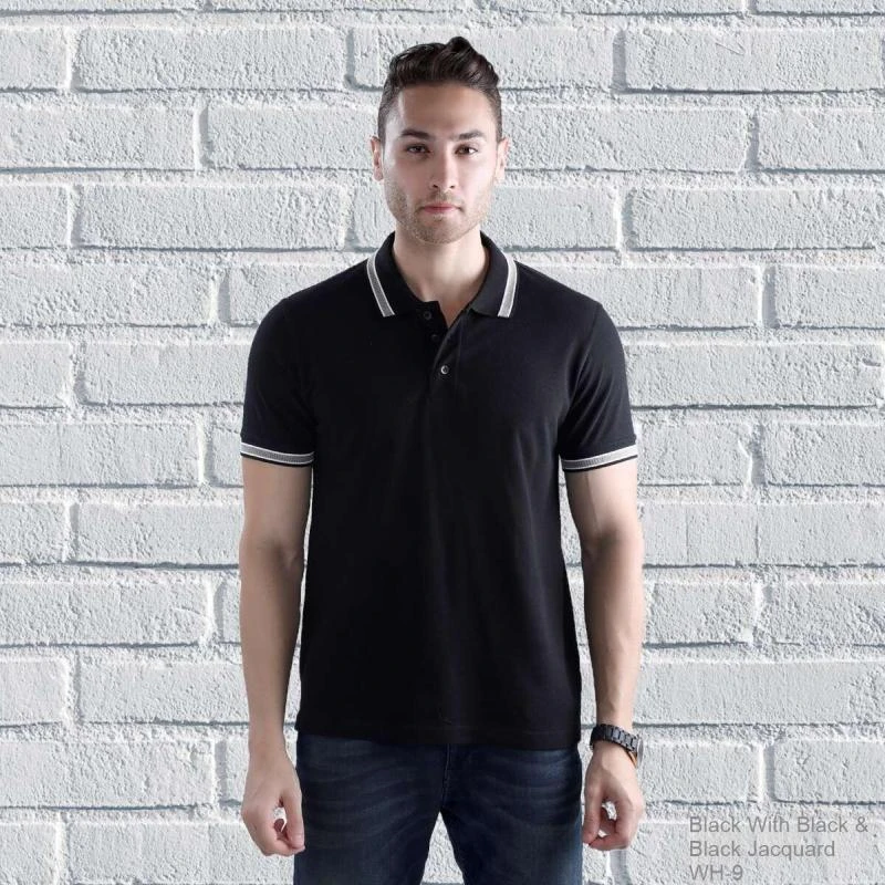 Black Black Black Plain Jacquard Collar Polo T-shirt - 100% Cotton Unisex - 260 GSM