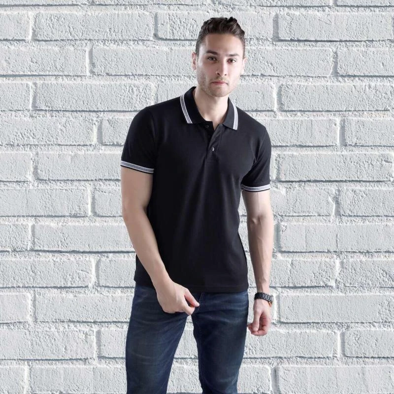 Black Black Black Plain Jacquard Collar Polo T-shirt - 100% Cotton Unisex - 260 GSM product image