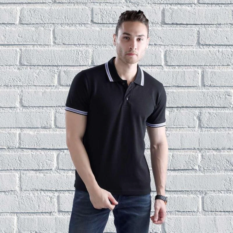 Black Black Blue Plain Jacquard Collar Polo T-shirt - 100% Cotton Unisex - 260 GSM product image
