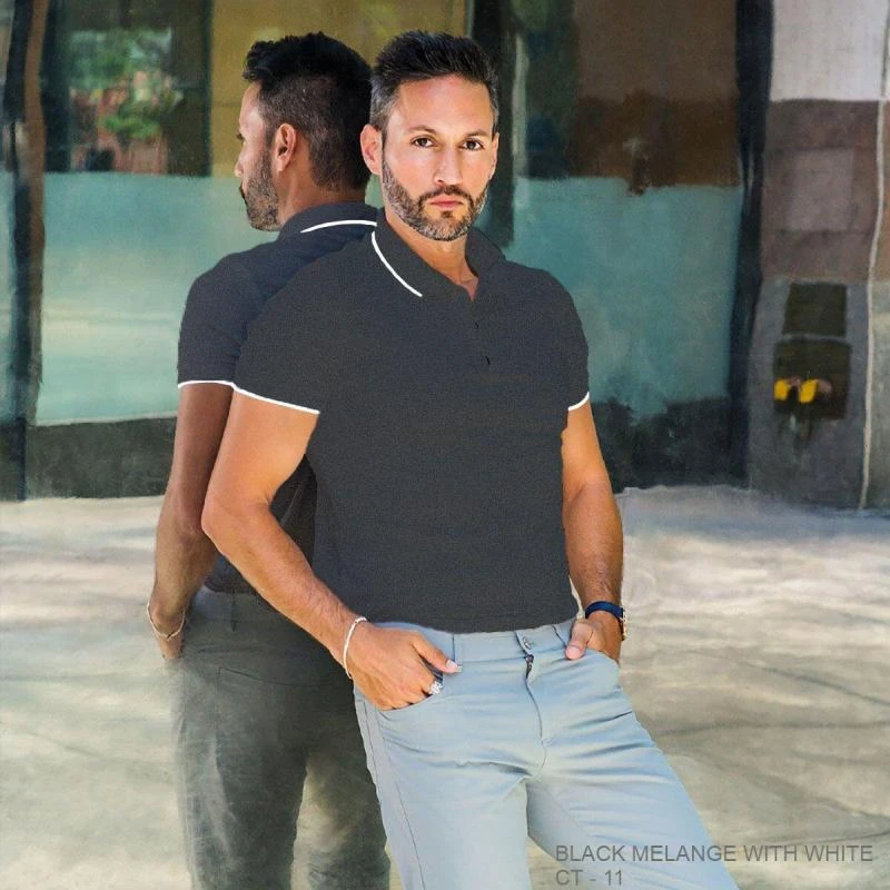 Black Melange With White Plain Tipping Collar Polo T-shirt - 100% Cotton Unisex - 230 GSM