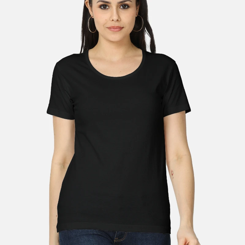 Black Plain Women Round Neck T-shirt