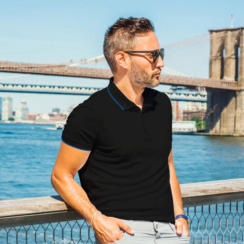 Black With Electric Blue Plain Tipping Collar Polo T-shirt - 100% Cotton Unisex - 230 GSM product image