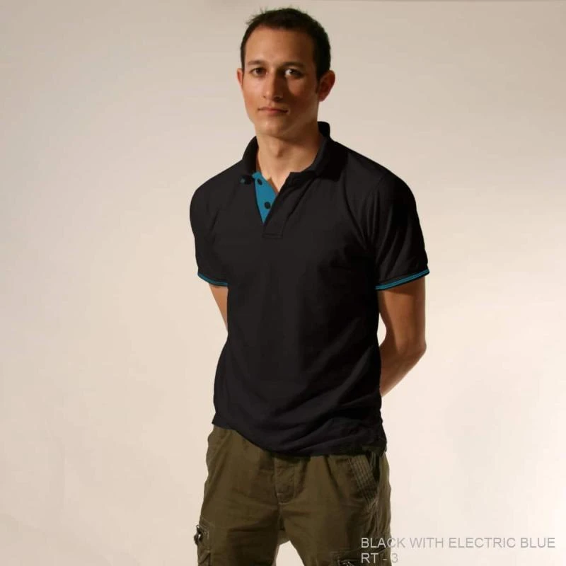 Black With Electric Blue Plain Tipping Collar Polo T-shirt - 100% Cotton Unisex - 260 GSM