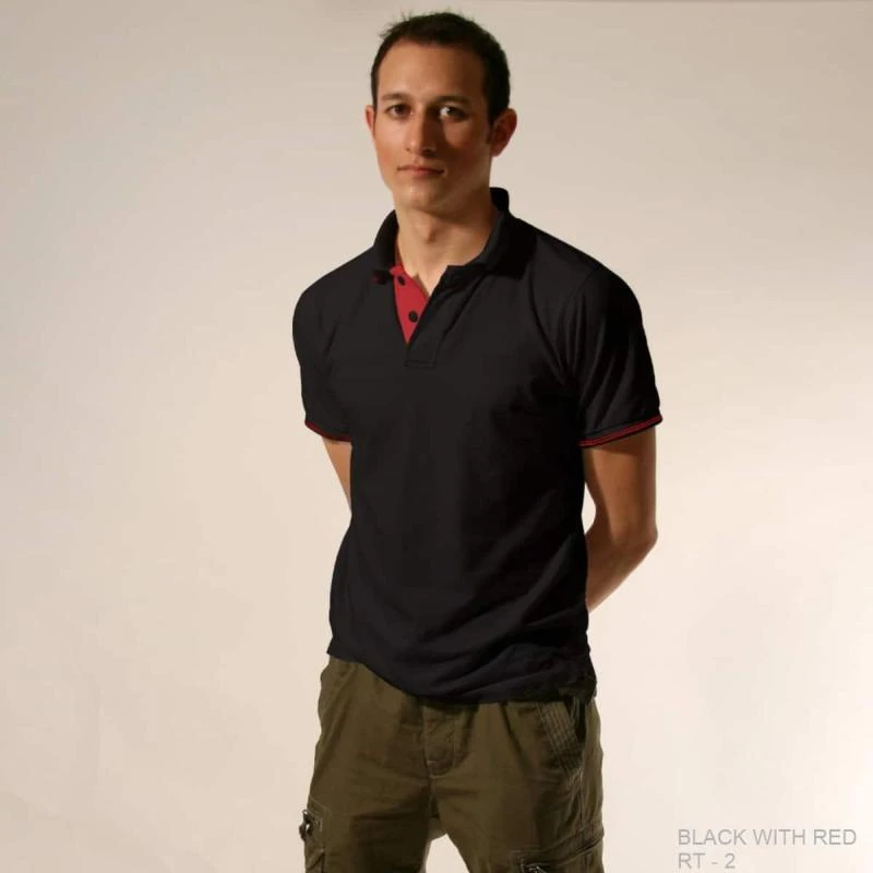 Black With Red Plain Tipping Collar Polo T-shirt - 100% Cotton Unisex - 260 GSM