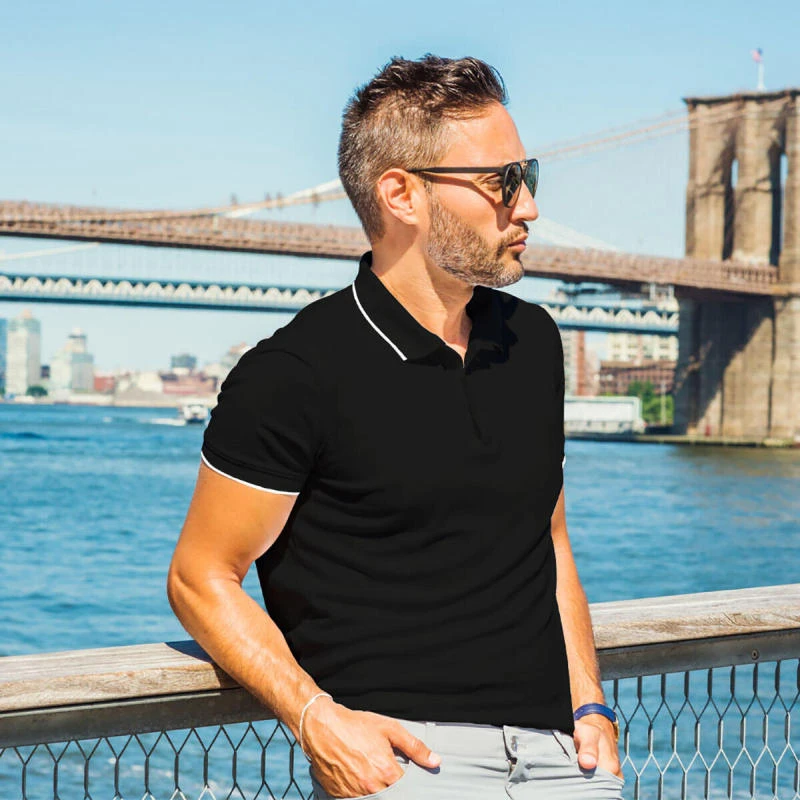 Black With White Plain Tipping Collar Polo T-shirt - 100% Cotton Unisex - 230 GSM product image