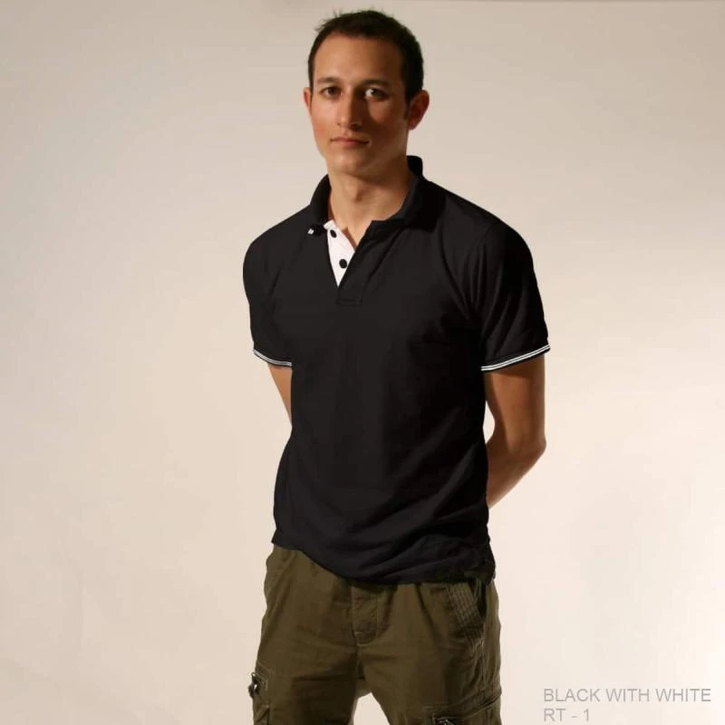 Black With White Plain Tipping Collar Polo T-shirt - 100% Cotton Unisex - 260 GSM